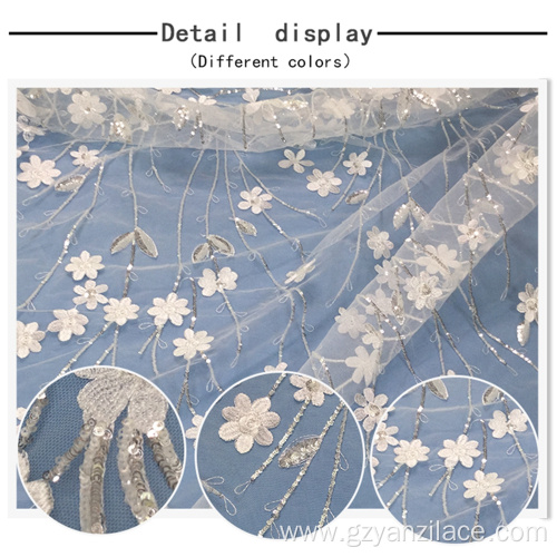 White Crystal Sequin Flower Embroidery Fabric